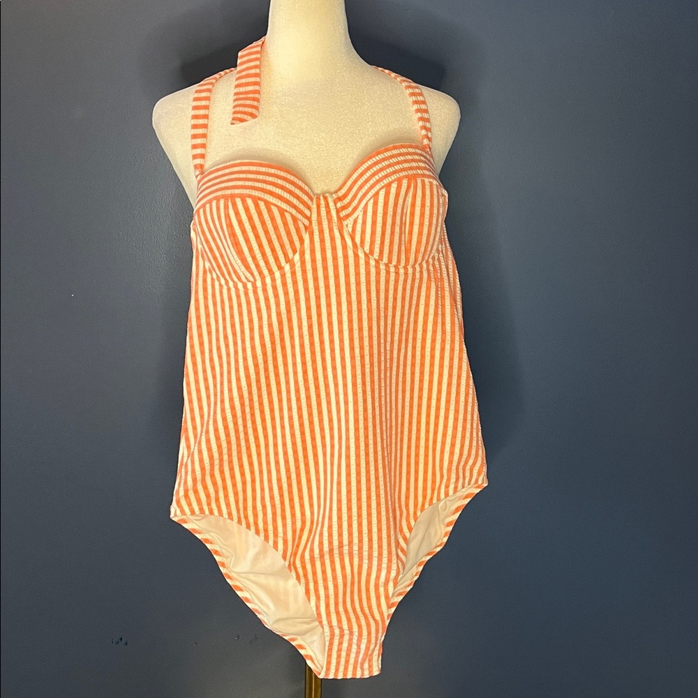J. Crew Sofia ladies 1-pc seersucker stripe melon/white suit, NWT underwire bra